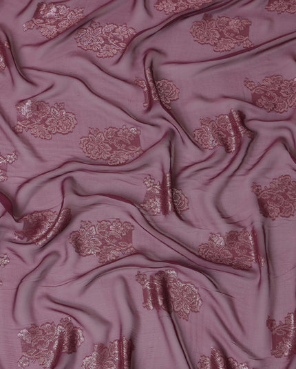 Mauve Floral Metallic Lurex Design Premium French Silk Chiffon Fabric, 110 Cms Width, Made in France-D25737
