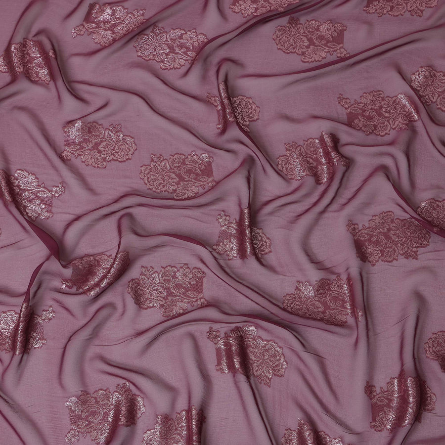 Mauve Floral Metallic Lurex Design Premium French Silk Chiffon Fabric, 110 Cms Width, Made in France-D25737