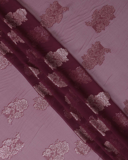 Mauve Floral Metallic Lurex Design Premium French Silk Chiffon Fabric, 110 Cms Width, Made in France-D25737