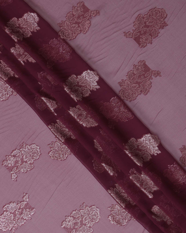 Mauve Floral Metallic Lurex Design Premium French Silk Chiffon Fabric, 110 Cms Width, Made in France-D25737