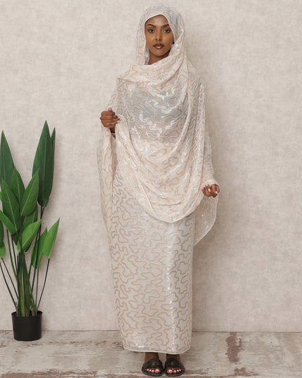 ثوب سوداني تقليدي فرنسي كريمي، مصنوع من قماش شيفون حرير فرنسي خالص بطول 4.5 متر وقماش لوركس معدني، عرض 140 سم، صنع في فرنسا - D24485