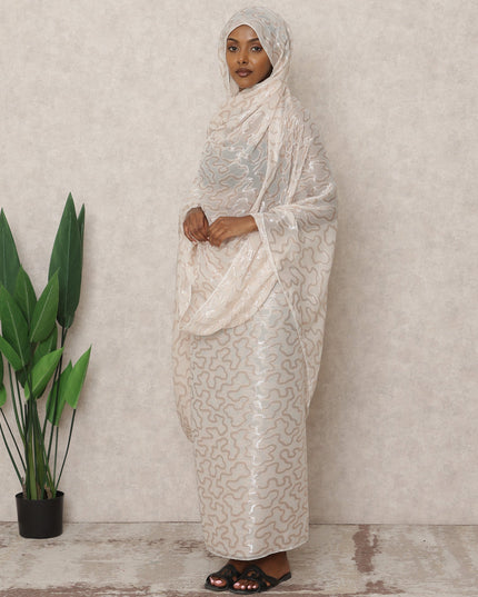 ثوب سوداني تقليدي فرنسي كريمي، مصنوع من قماش شيفون حرير فرنسي خالص بطول 4.5 متر وقماش لوركس معدني، عرض 140 سم، صنع في فرنسا - D24485