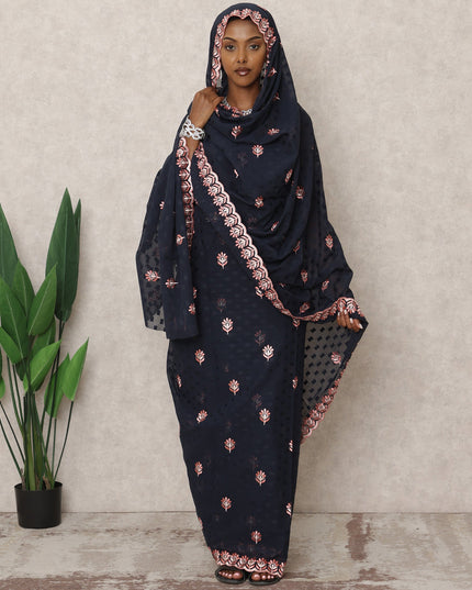 Navy Blue Traditional Sudanese Thobe with Pink Thread Embroidery, 4.5 Mtrs Piece, Pure Cotton Voile Fabric, Width 140 Cms, Made in India-D24456
