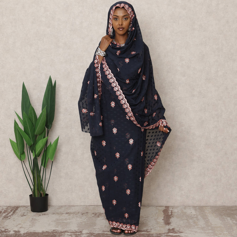 Navy Blue Traditional Sudanese Thobe with Pink Thread Embroidery, 4.5 Mtrs Piece, Pure Cotton Voile Fabric, Width 140 Cms, Made in India-D24456