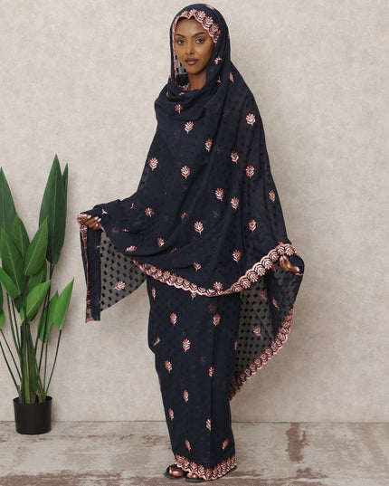 Navy Blue Traditional Sudanese Thobe with Pink Thread Embroidery, 4.5 Mtrs Piece, Pure Cotton Voile Fabric, Width 140 Cms, Made in India-D24456