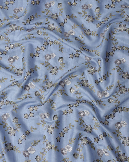 Blue Floral Embroidered Tussar Silk Fabric 110cm India