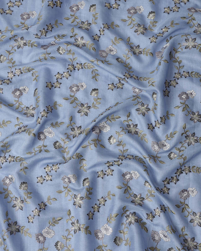 Blue Floral Embroidered Tussar Silk Fabric 110cm India