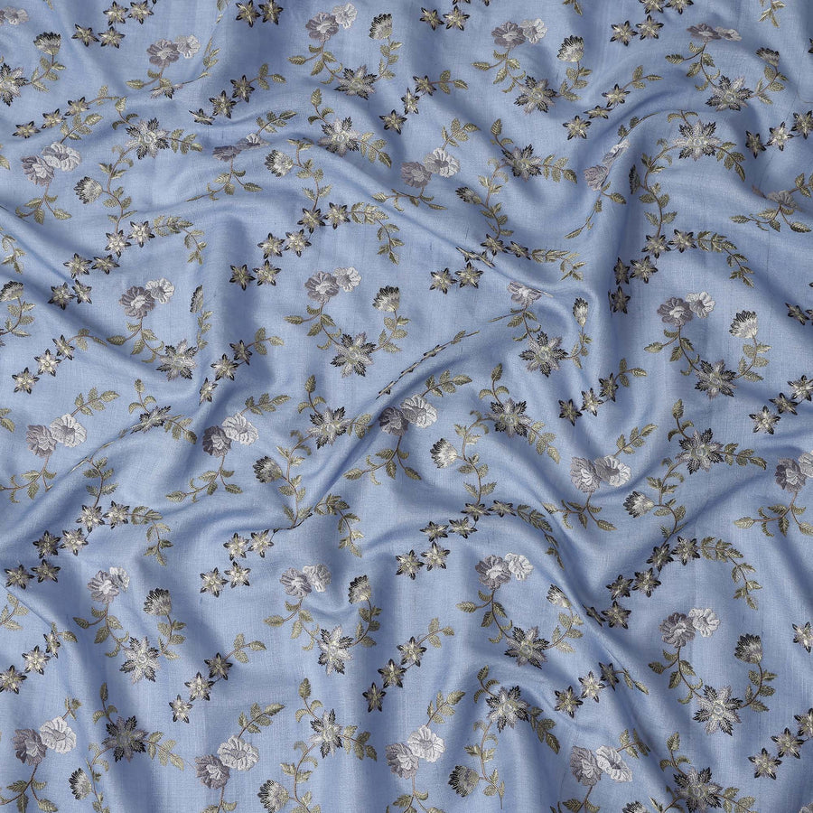 Blue Floral Embroidered Tussar Silk Fabric 110cm India