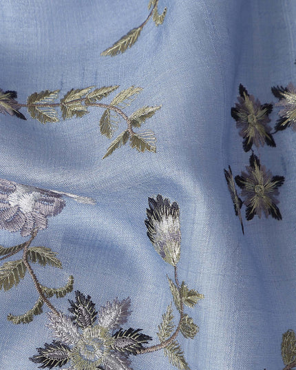 Blue Floral Embroidered Tussar Silk Fabric 110cm India