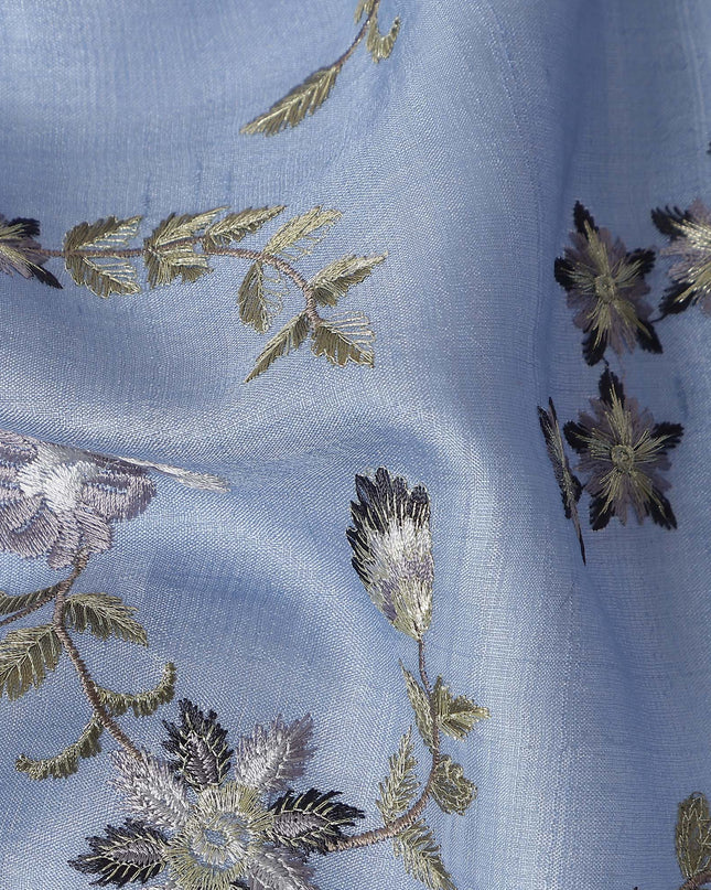 Blue Floral Embroidered Tussar Silk Fabric 110cm India