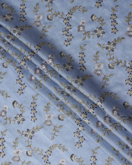 Blue Floral Embroidered Tussar Silk Fabric 110cm India