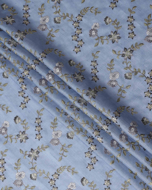 Blue Floral Embroidered Tussar Silk Fabric 110cm India
