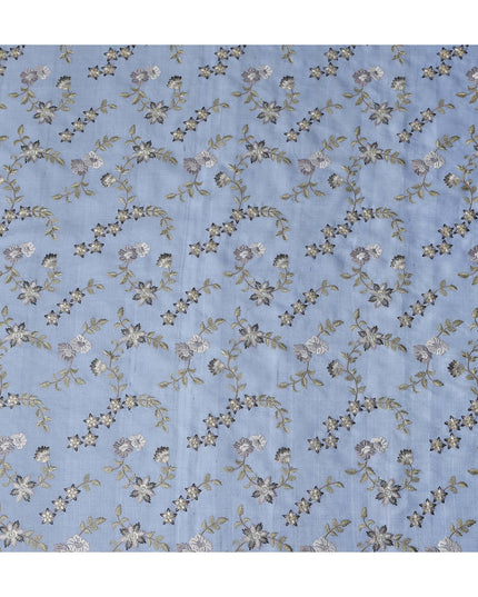 Blue Floral Embroidered Tussar Silk Fabric 110cm India
