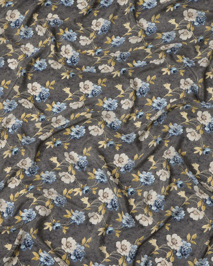 Grey Blue Floral Pattern Pure Silk Crepe Fabric, Width 110 Cms, Made in India-D26078 Regal Fabrics