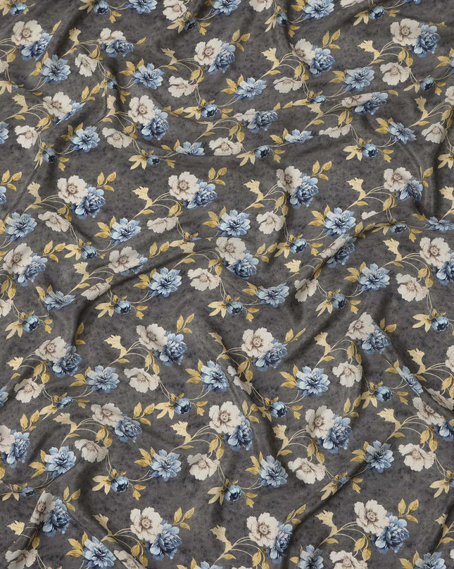 Grey Blue Floral Pattern Pure Silk Crepe Fabric, Width 110 Cms, Made in India-D26078