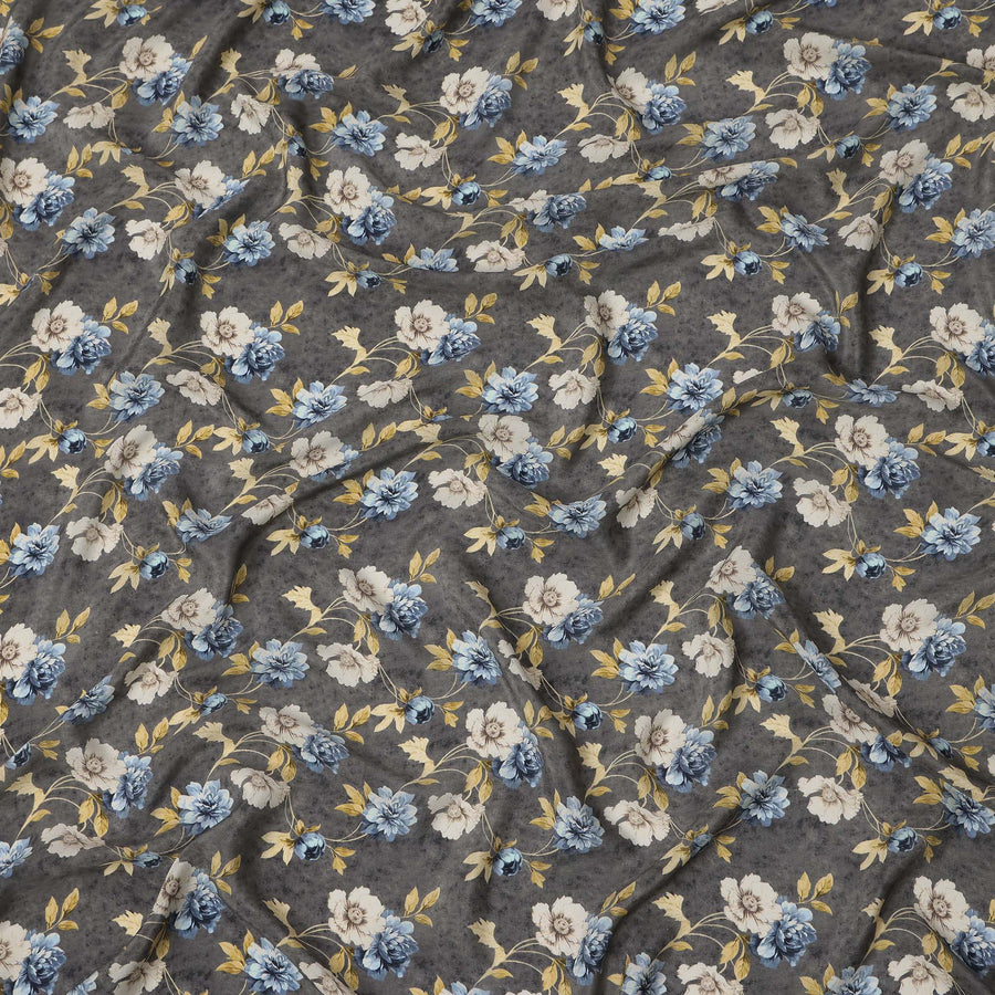 Grey Blue Floral Pattern Pure Silk Crepe Fabric, Width 110 Cms, Made in India-D26078 Regal Fabrics