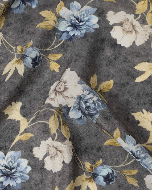 Grey Blue Floral Pattern Pure Silk Crepe Fabric, Width 110 Cms, Made in India-D26078