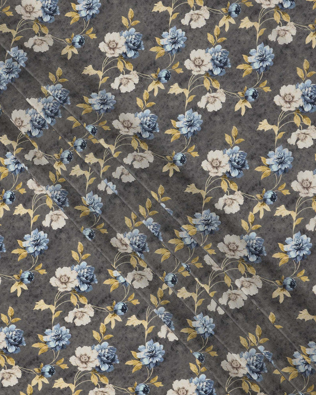 Grey Blue Floral Pattern Pure Silk Crepe Fabric, Width 110 Cms, Made in India-D26078