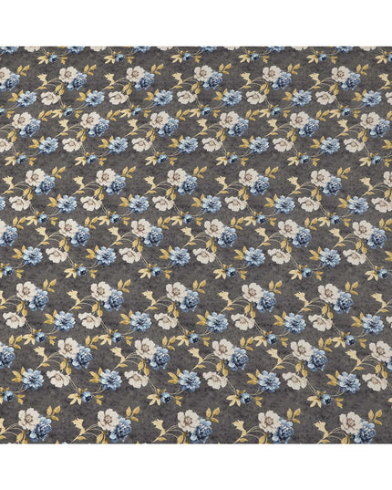 Grey Blue Floral Pattern Pure Silk Crepe Fabric, Width 110 Cms, Made in India-D26078 Regal Fabrics