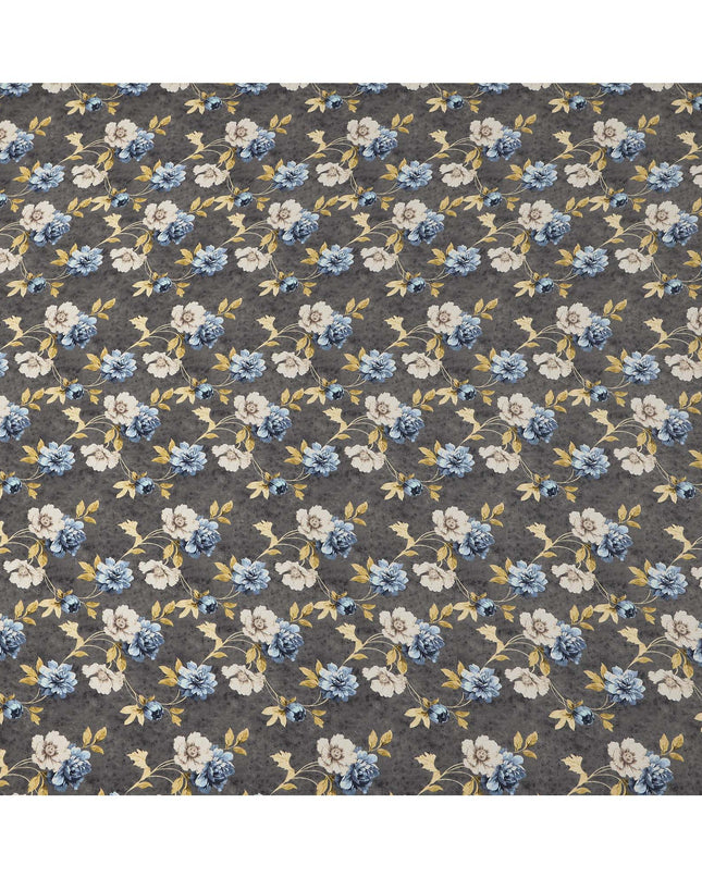 Grey Blue Floral Pattern Pure Silk Crepe Fabric, Width 110 Cms, Made in India-D26078