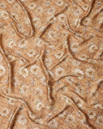 Beige Floral Leaf Print Pure Silk Crepe Fabric, Width 110 Cms, Made in India-D26085
