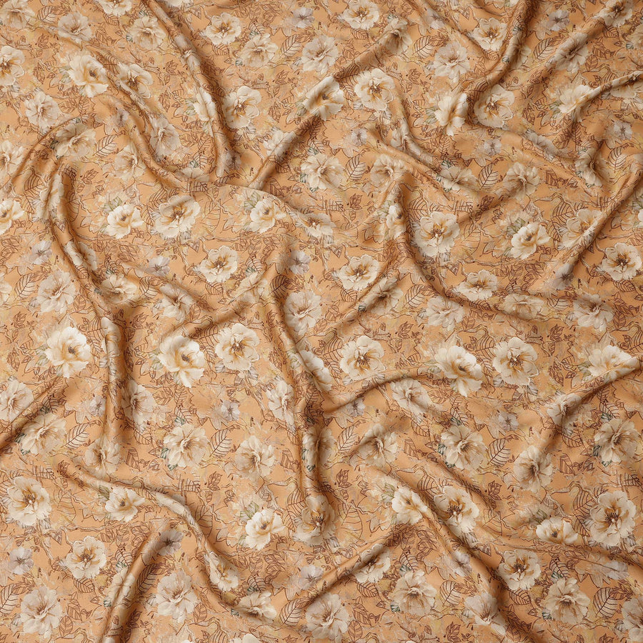 Beige Floral Leaf Print Pure Silk Crepe Fabric, Width 110 Cms, Made in India-D26085