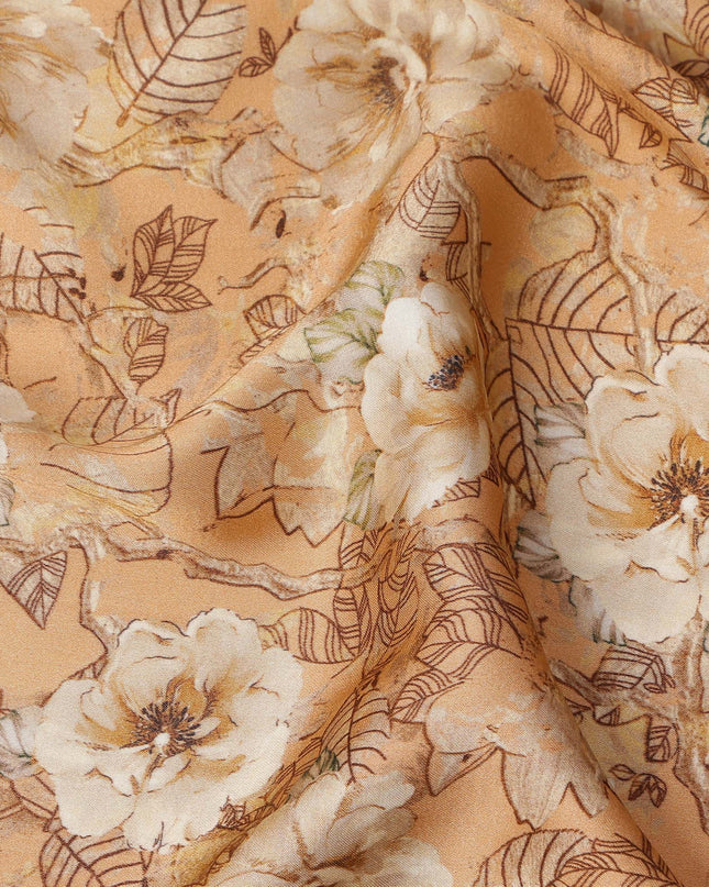 Beige Floral Leaf Print Pure Silk Crepe Fabric, Width 110 Cms, Made in India-D26085