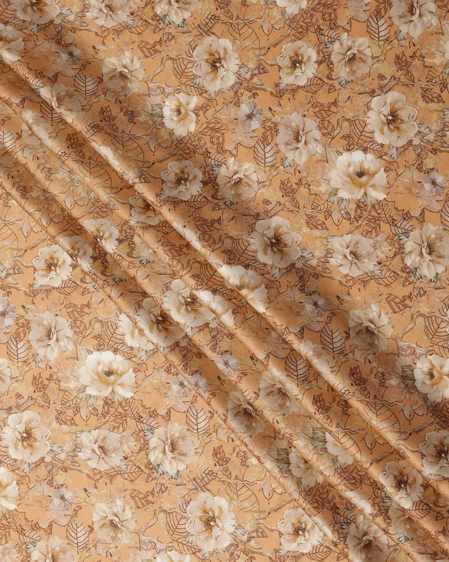 Beige Floral Leaf Print Pure Silk Crepe Fabric, Width 110 Cms, Made in India-D26085