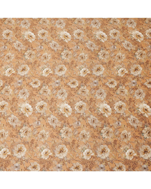 Beige Floral Leaf Print Pure Silk Crepe Fabric, Width 110 Cms, Made in India-D26085
