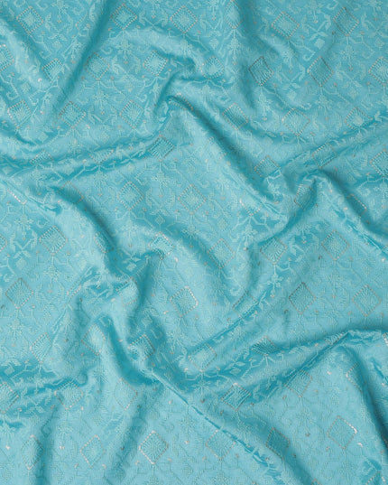 Turquoise Geometric Tussar Silk Fabric 110cm India