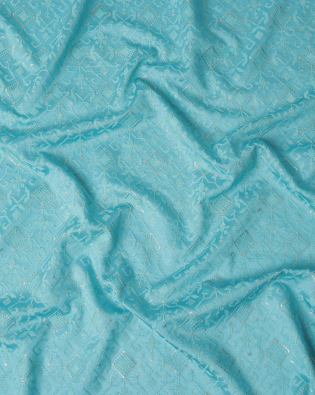 Turquoise Geometric Tussar Silk Fabric 110cm India