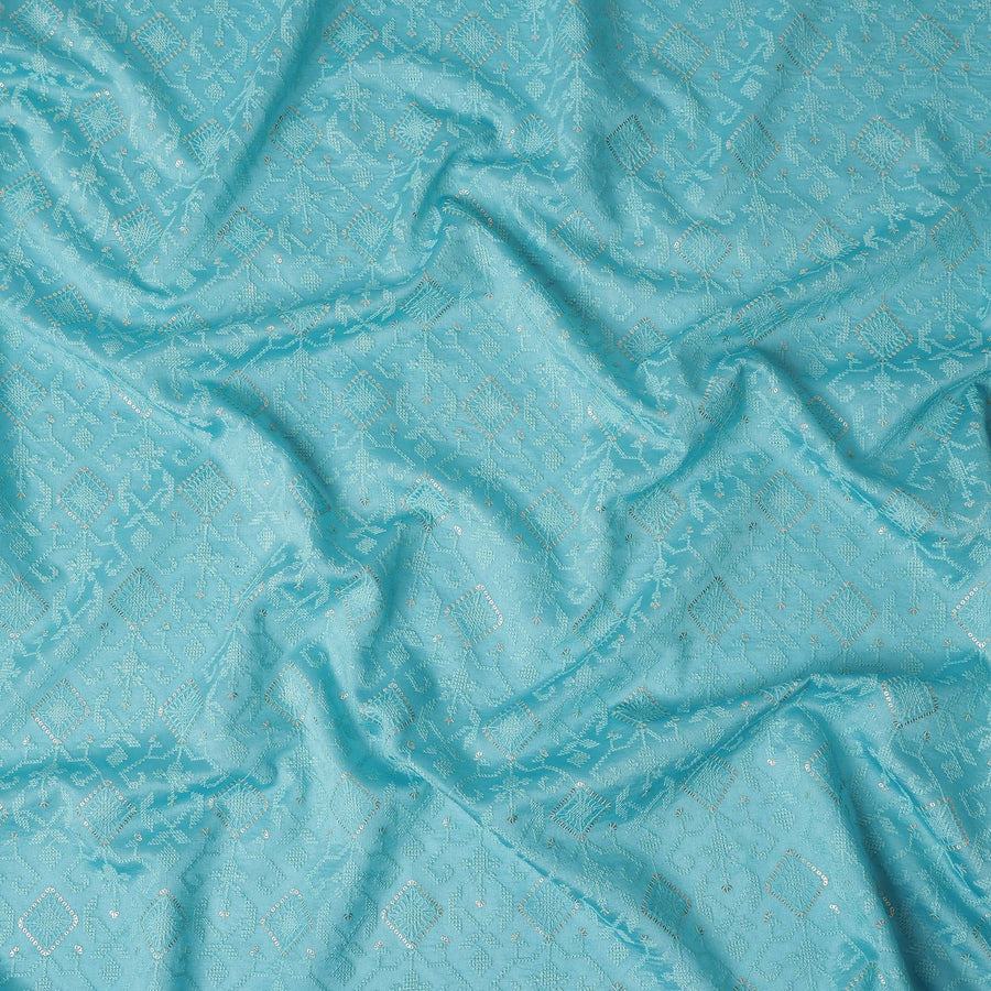 Turquoise Geometric Tussar Silk Fabric 110cm India