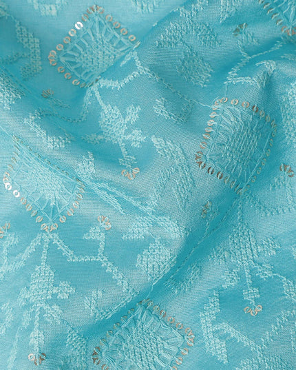 Turquoise Geometric Tussar Silk Fabric 110cm India