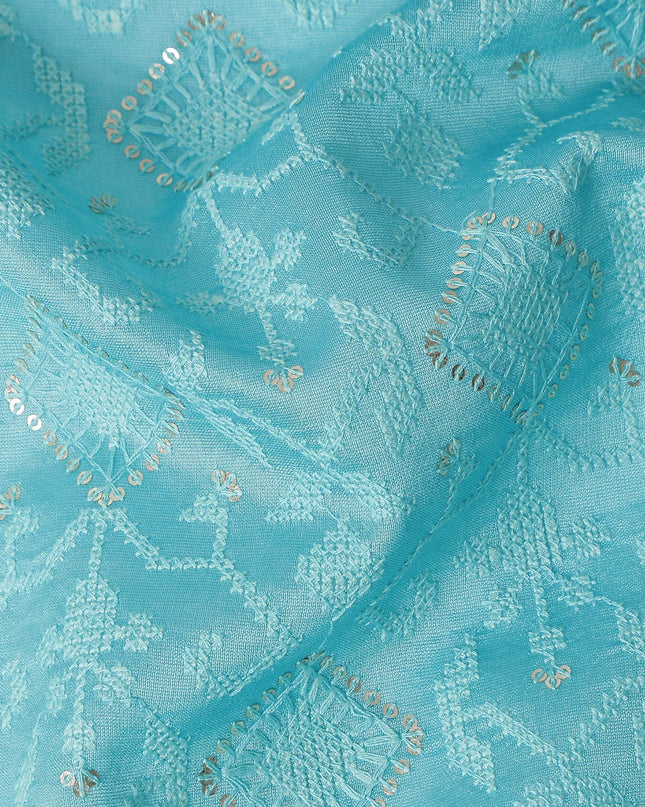 Turquoise Geometric Tussar Silk Fabric 110cm India