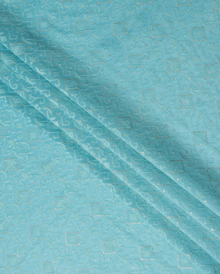 Turquoise Geometric Tussar Silk Fabric 110cm India