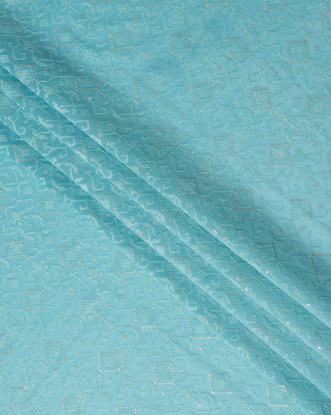 Turquoise Geometric Tussar Silk Fabric 110cm India