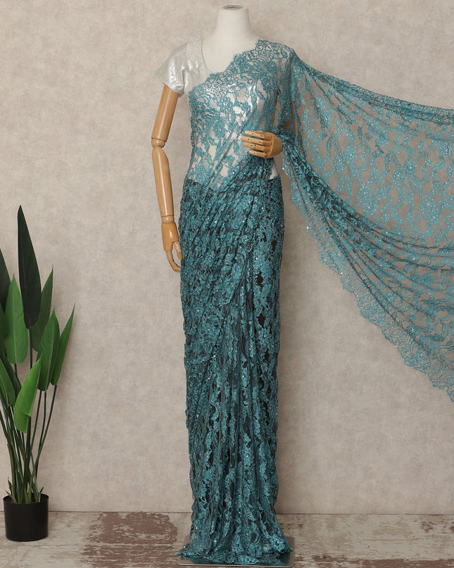Slate Blue French Chantilly Saree Lace With Stone Work Elegant Floral Net Design 5.5 Mtrs Length 110 Cms Width Premium Soft Sheer Fabric France Origin-D28889 Regal Fabrics