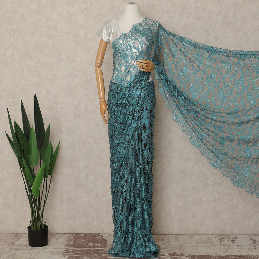 Slate Blue French Chantilly Saree Lace With Stone Work Elegant Floral Net Design 5.5 Mtrs Length 110 Cms Width Premium Soft Sheer Fabric France Origin-D28889 Regal Fabrics