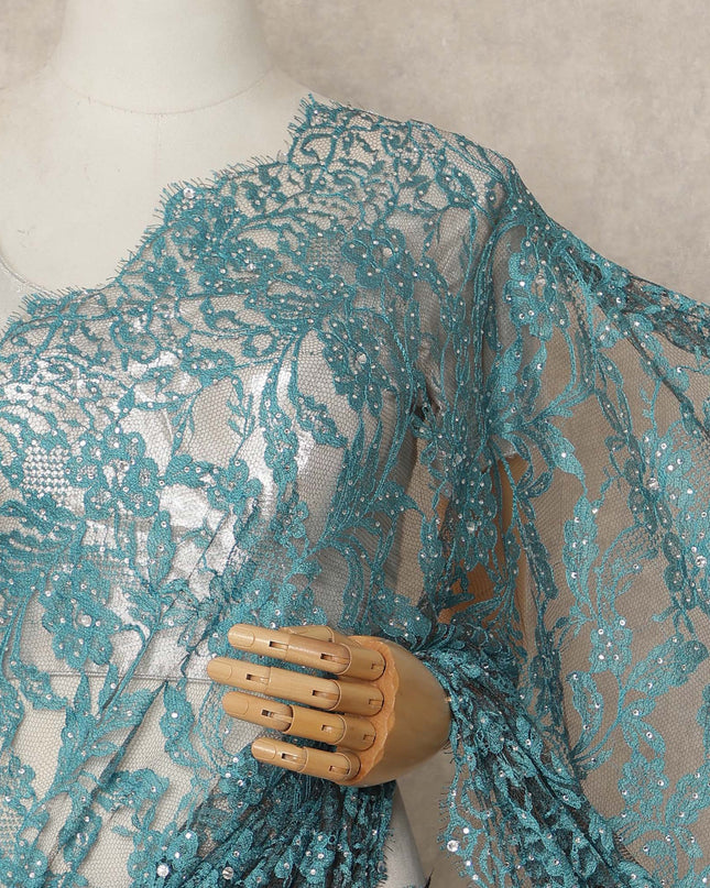 Slate Blue French Chantilly Saree Lace With Stone Work Elegant Floral Net Design 5.5 Mtrs Length 110 Cms Width Premium Soft Sheer Fabric France Origin-D28889 Regal Fabrics