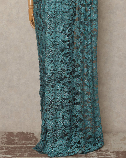 Slate Blue French Chantilly Saree Lace With Stone Work Elegant Floral Net Design 5.5 Mtrs Length 110 Cms Width Premium Soft Sheer Fabric France Origin-D28889 Regal Fabrics