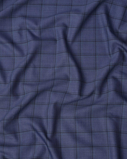 Blue Check Premium Super 130's Italian All Wool Suiting Fabric, Width 150 Cms, 3.50 Mtrs, Italy-D25452