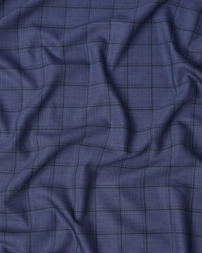 Blue Check Premium Super 130's Italian All Wool Suiting Fabric, Width 150 Cms, 3.50 Mtrs, Italy-D25452