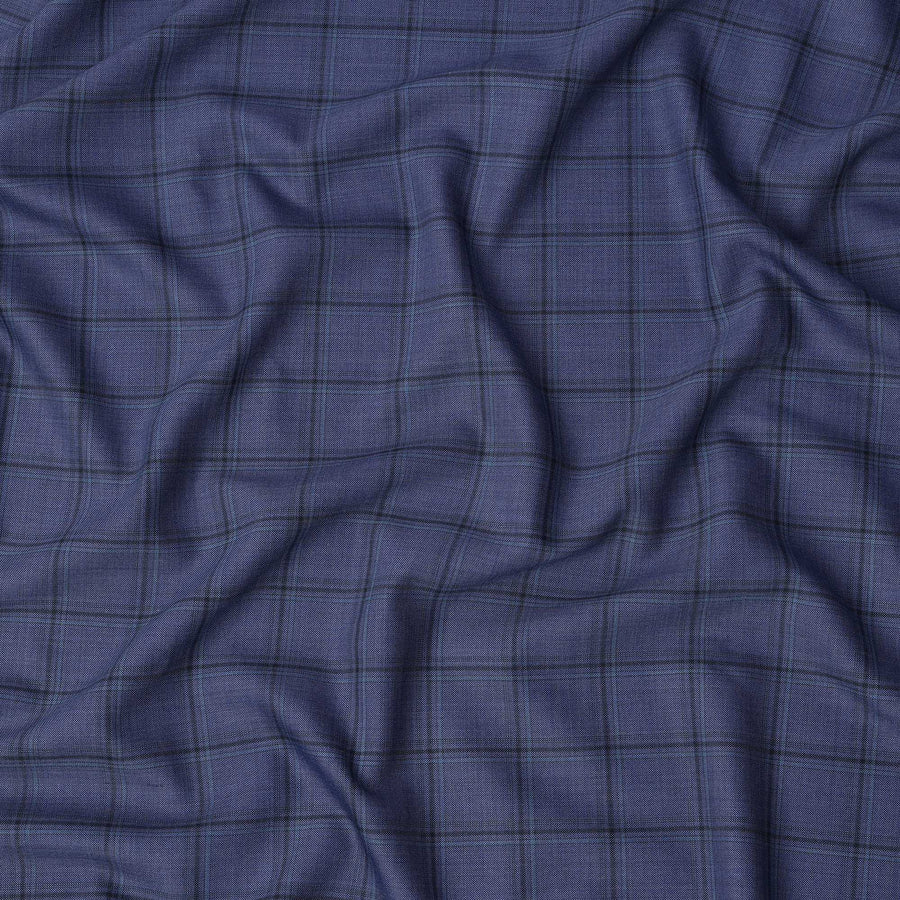 Blue Check Premium Super 130's Italian All Wool Suiting Fabric, Width 150 Cms, 3.50 Mtrs, Italy-D25452