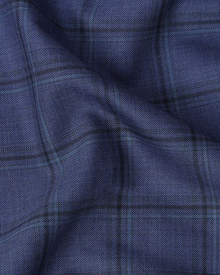Blue Check Premium Super 130's Italian All Wool Suiting Fabric, Width 150 Cms, 3.50 Mtrs, Italy-D25452