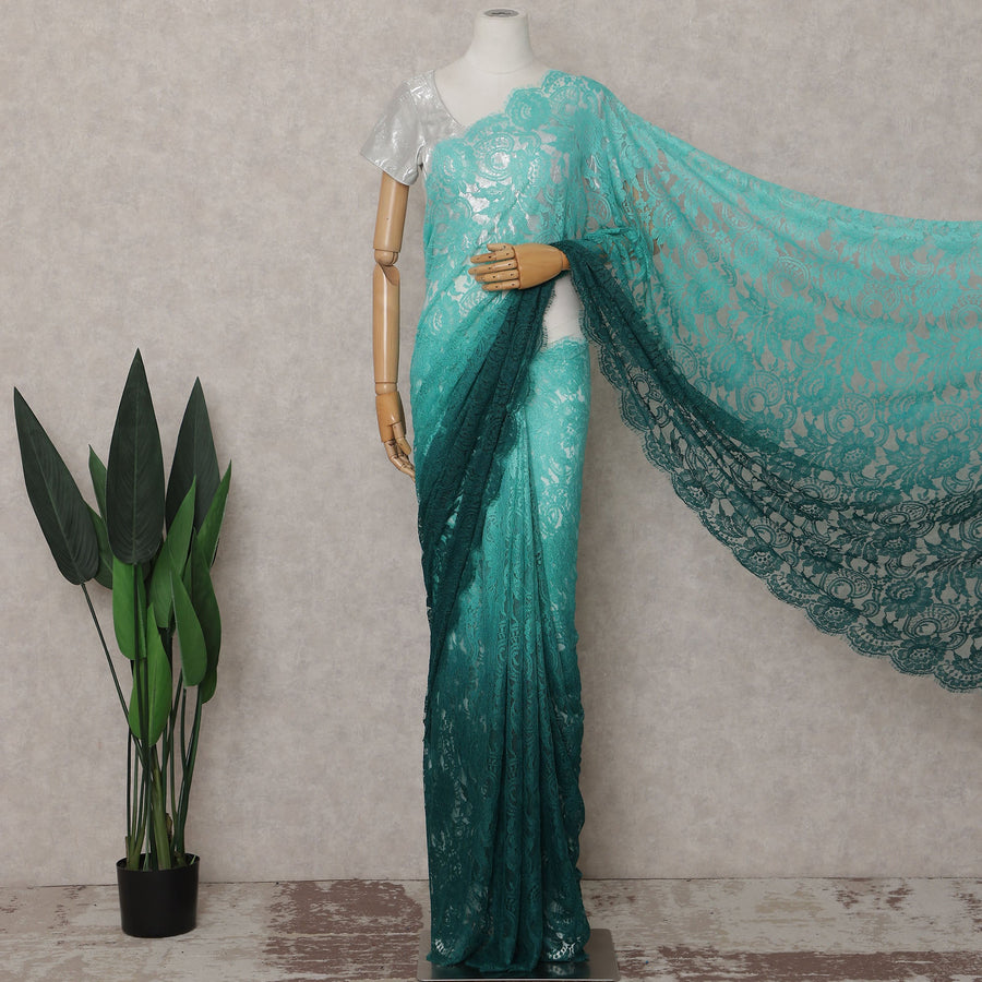Emerald Teal Ombre Chantilly Lace Saree