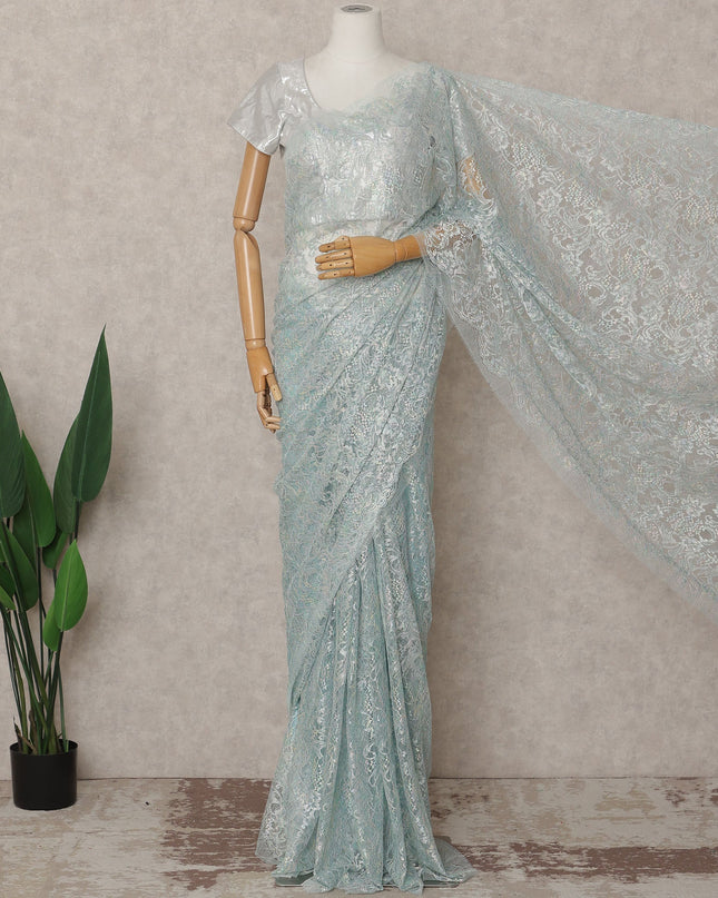 Mint Blue Premium French Metallic Chantilly Lace Saree, 5.5 Mtrs with 110 Cms Width, Imported from France-D25413