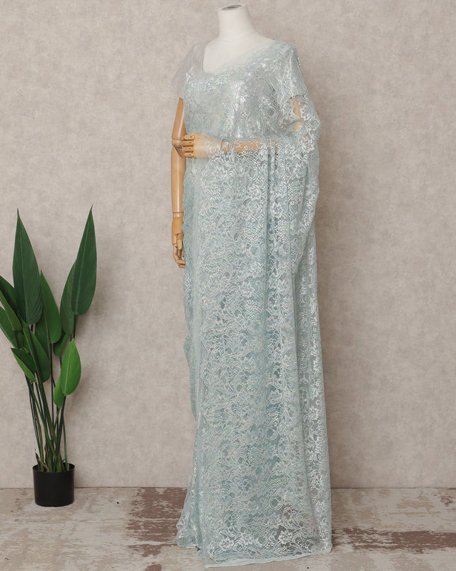 Mint Blue Premium French Metallic Chantilly Lace Saree, 5.5 Mtrs with 110 Cms Width, Imported from France-D25413