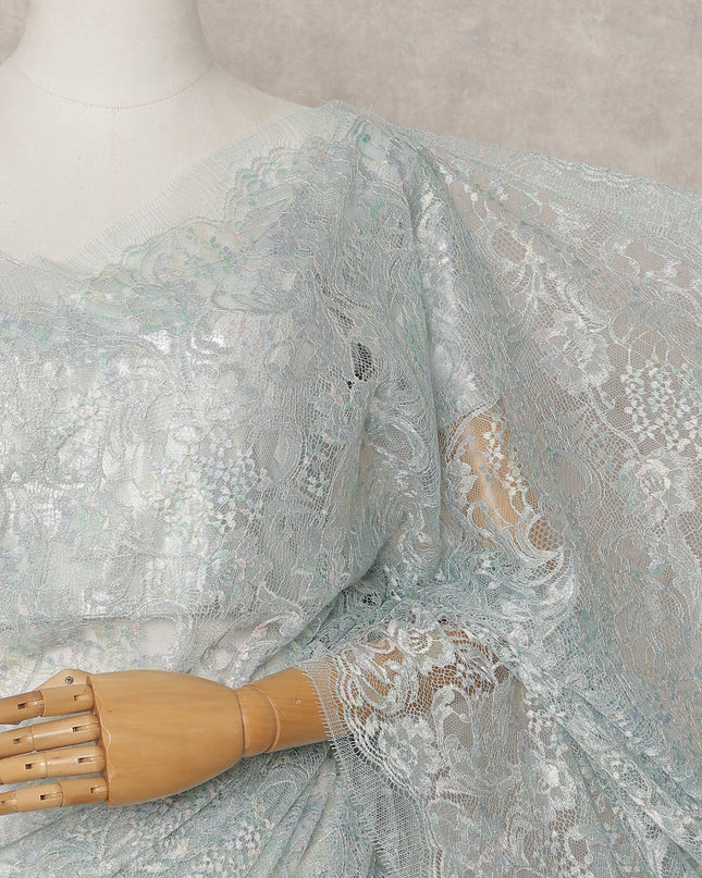 Mint Blue Premium French Metallic Chantilly Lace Saree, 5.5 Mtrs with 110 Cms Width, Imported from France-D25413