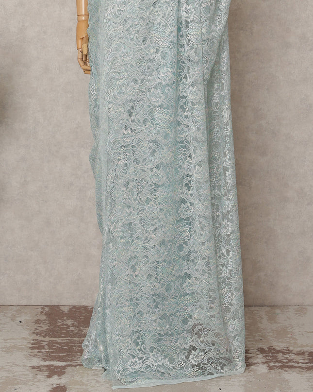 Mint Blue Premium French Metallic Chantilly Lace Saree, 5.5 Mtrs with 110 Cms Width, Imported from France-D25413