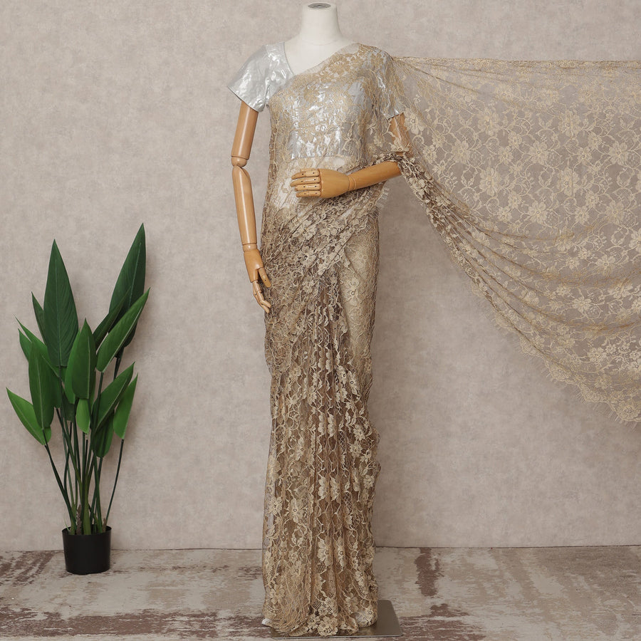 Champagne Gold Premium 2-Tone French Chantilly Lace Saree Fabric 5.5 Mtrs with 110 Cms Width – Imported from France-D25651